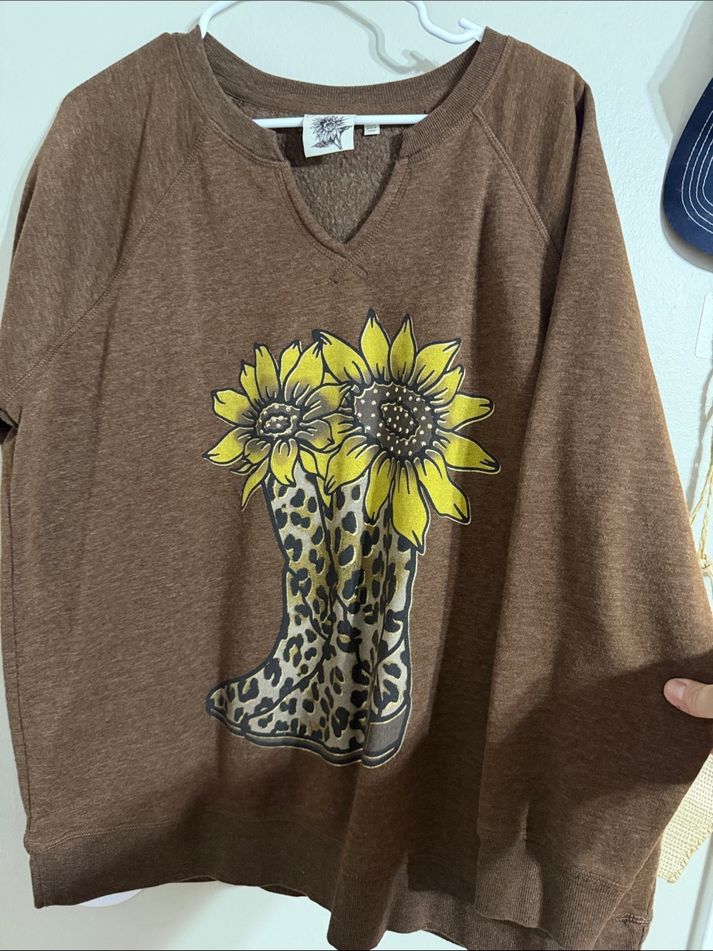 Brown Sunflower Graphic Sweater with Leopard Boot Print